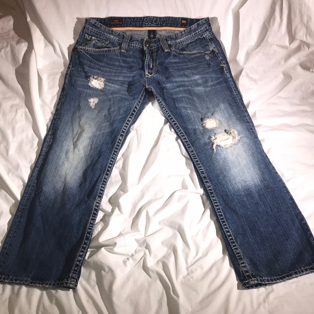 Rivet De Cru Men’s Medium Wash Distressed Faded “Mae” Denim Jeans
